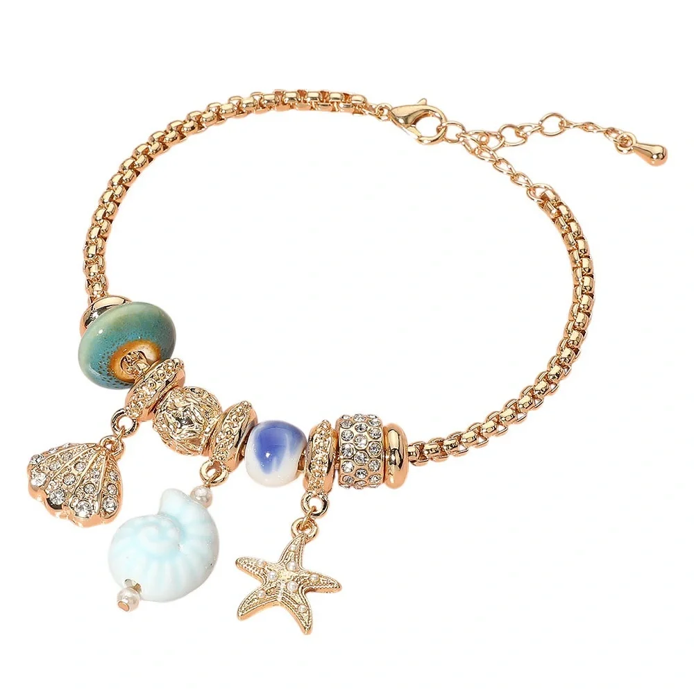 Conch Sea Shell Starfish Beads Accented Charm Bracelet - Picture 2 of 4